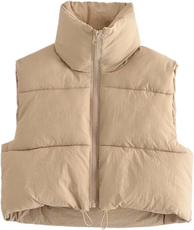 Women Cropped Sleeveless Puffer Vest, Zip‑Fasten Stand‑Collar Short‑Length Padded Outerwear