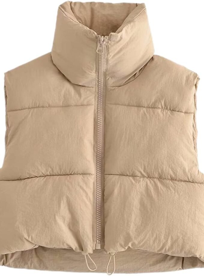 Women Cropped Sleeveless Puffer Vest, Zip‑Fasten Stand‑Collar Short‑Length Padded Outerwear