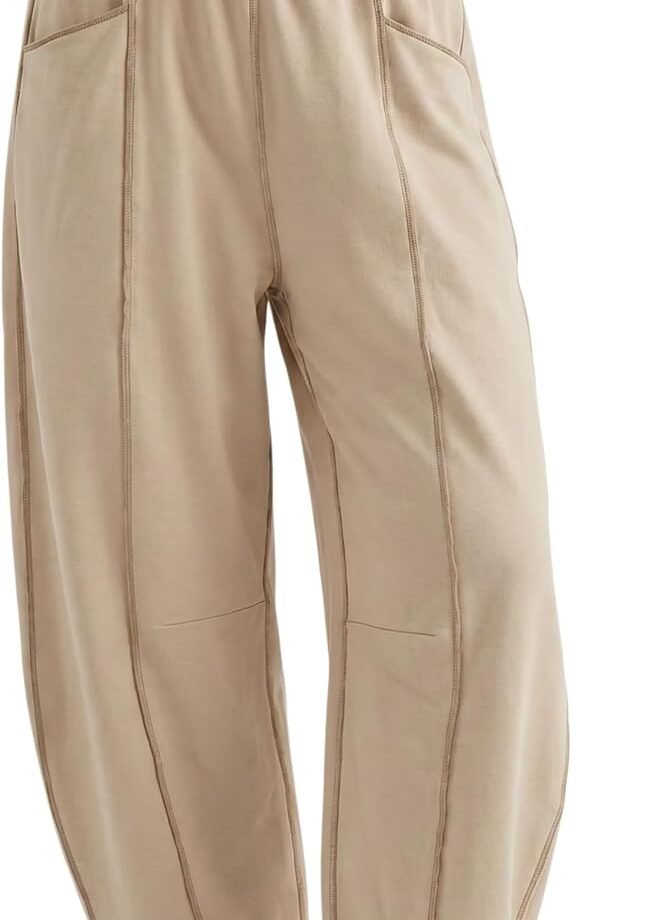 Women High‑Waist Barrel‑Shaped Sweatpants, Wide‑Leg Palazzo Fit Bottoms; Soft Cotton‑Blend Material, Elastic Waistline, Stitch Detail & Side Pockets, For Casual Daily, Holiday And Home Relaxing