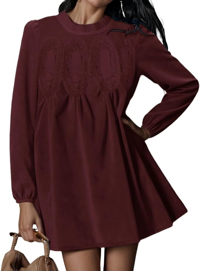 Women 2026 Autumn Long‑Sleeve A‑Line Swing Dress, Faux‑Suede Lace‑Patchwork Babydoll Silhouette Equipped With Side Pockets