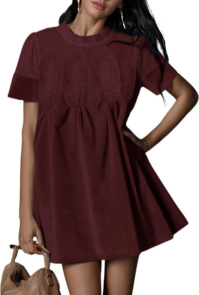Women Faux‑Suede Lace‑Patchwork Babydoll Mini Dress, Short‑Sleeve Crew‑Neck A‑Line Outfit With Functional Pockets