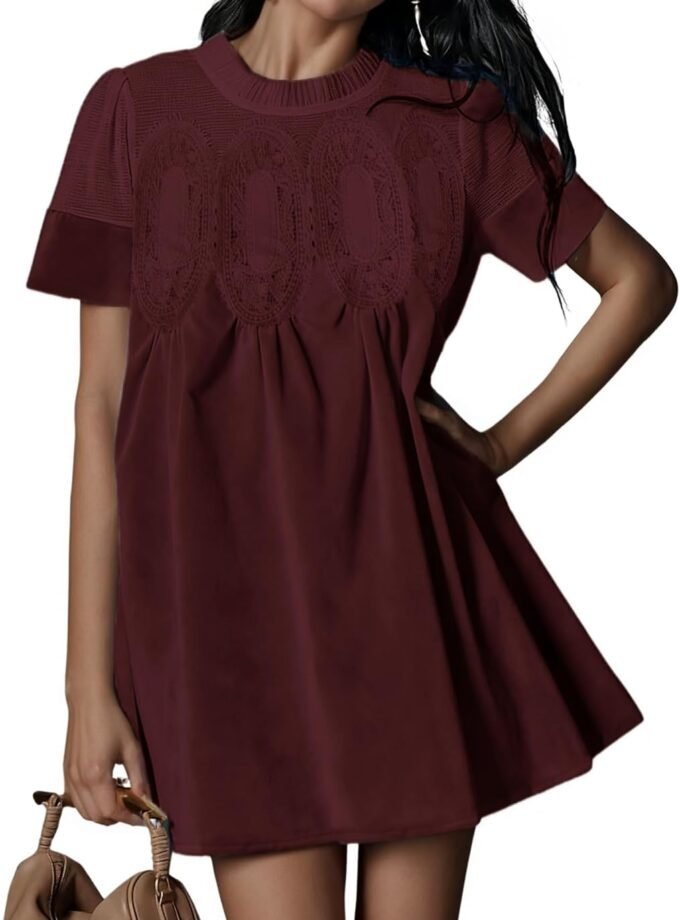 Women Faux‑Suede Lace‑Patchwork Babydoll Mini Dress, Short‑Sleeve Crew‑Neck A‑Line Outfit With Functional Pockets