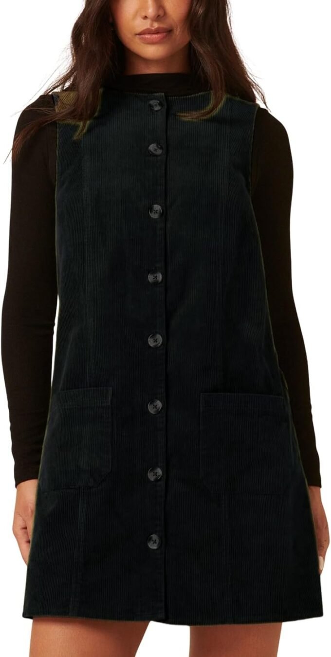 Women Sleeveless Corduroy Pinafore Mini Dress, A‑Line Button‑Front Overall‑Style Outfit With Round Neckline And Side Pockets