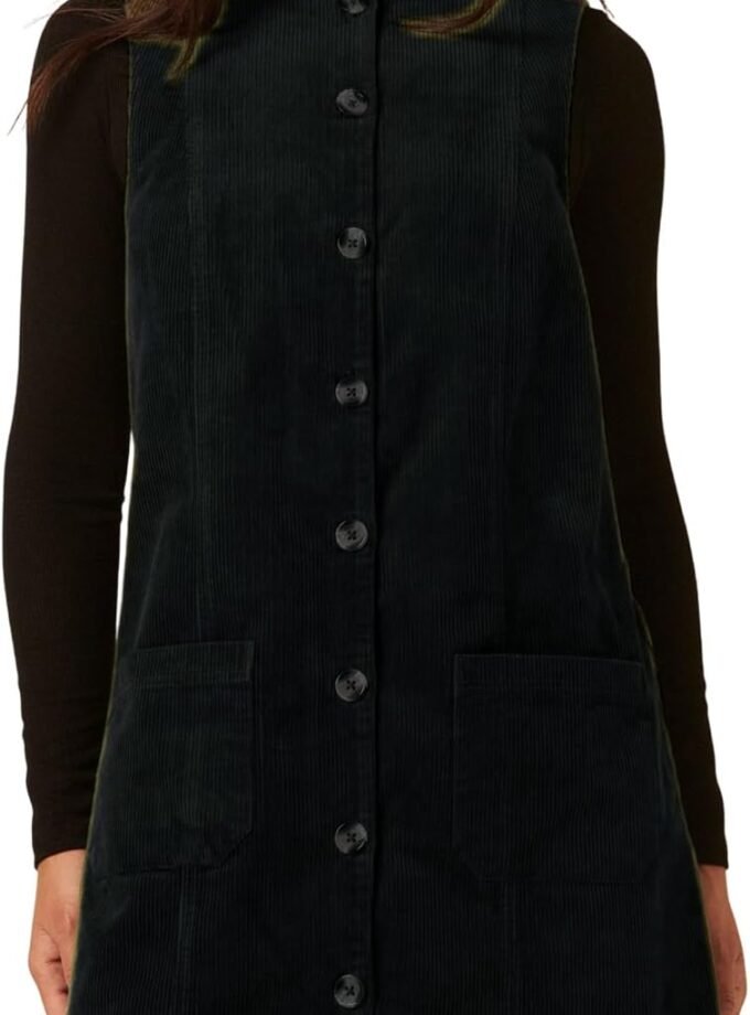 Women Sleeveless Corduroy Pinafore Mini Dress, A‑Line Button‑Front Overall‑Style Outfit With Round Neckline And Side Pockets