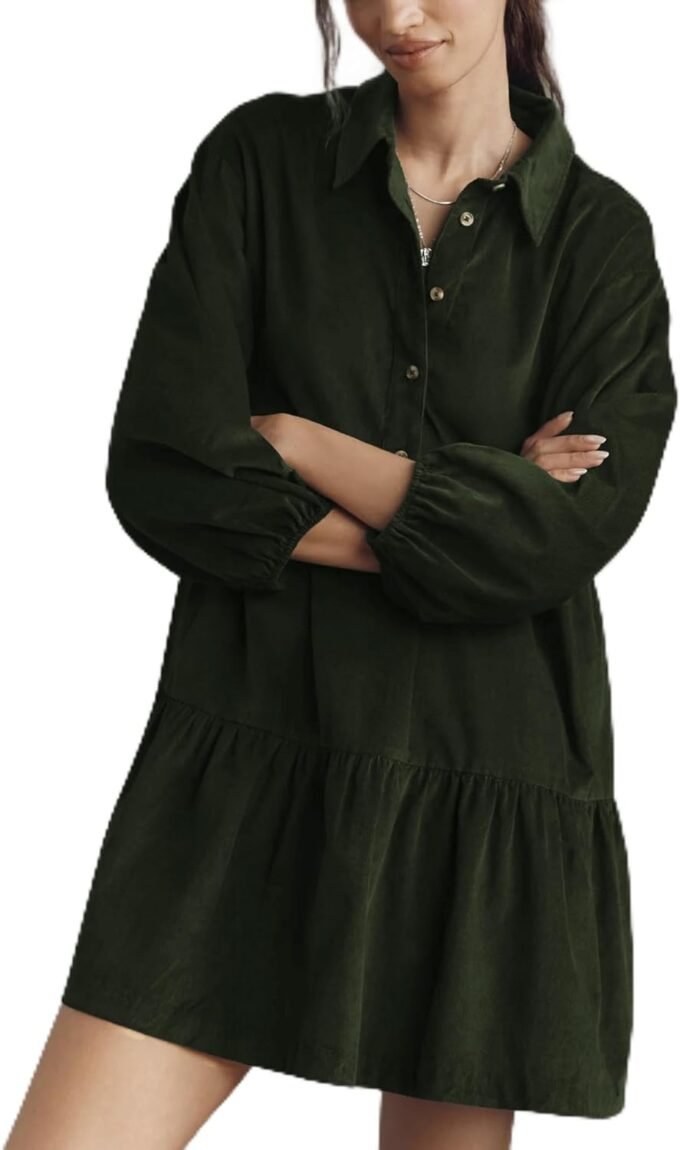 Women Long‑Sleeve Button‑Front Corduroy A‑Line Mini Dress, Fall‑Season Garment With Practical Side Pockets