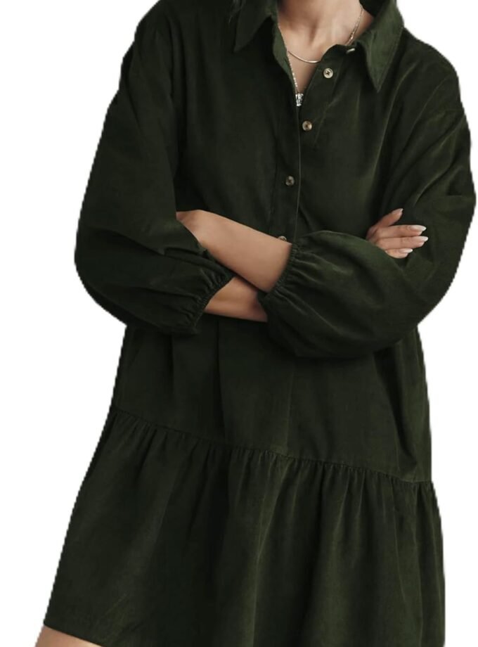 Women Long‑Sleeve Button‑Front Corduroy A‑Line Mini Dress, Fall‑Season Garment With Practical Side Pockets