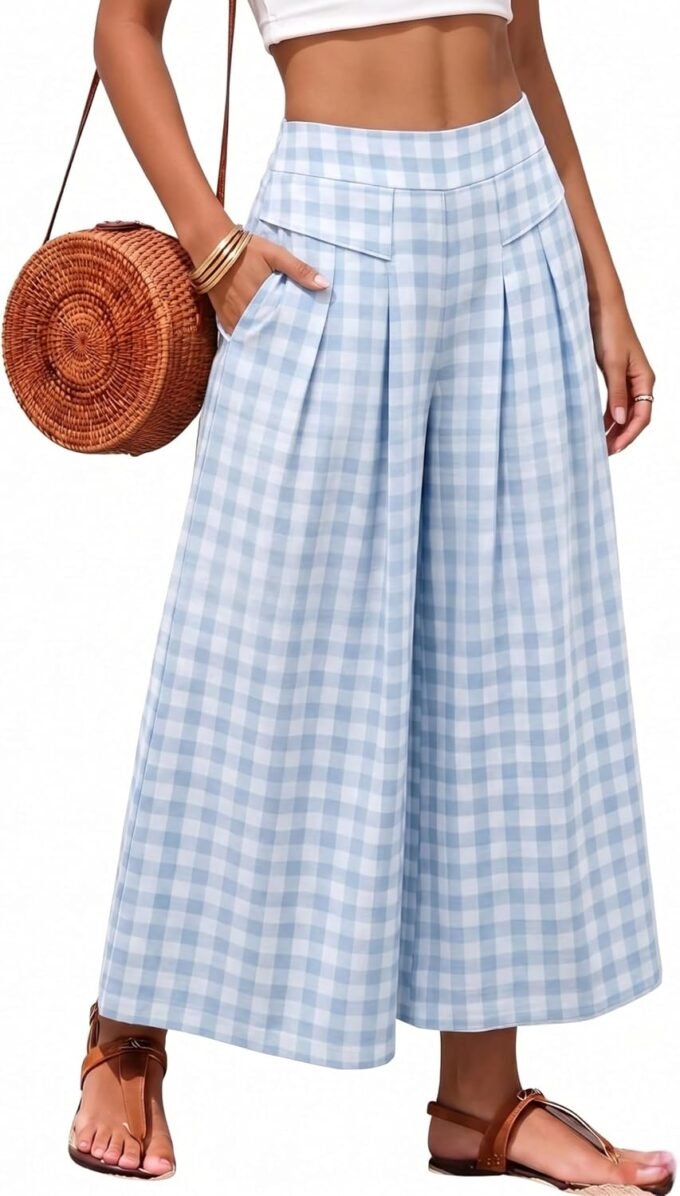 Women Summer Gingham Plaid Capri Culottes, Elastic Waist Wide‑Leg Cropped Palazzo Pants Featuring Practical Pockets