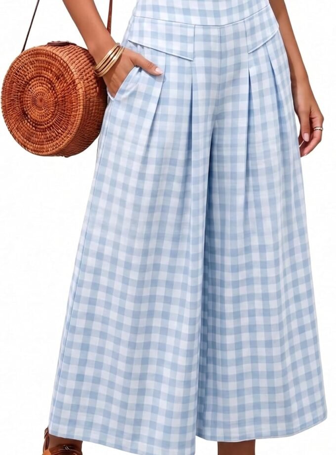 Women Summer Gingham Plaid Capri Culottes, Elastic Waist Wide‑Leg Cropped Palazzo Pants Featuring Practical Pockets