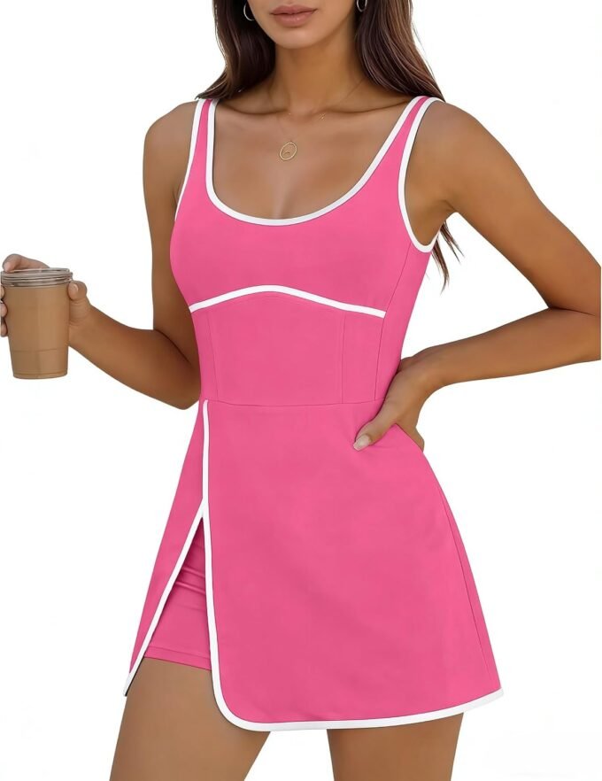 Women Athletic Tennis‑Style Mini Dress, Sleeveless Cutout Design With Integrated Shorts For Workout Activities