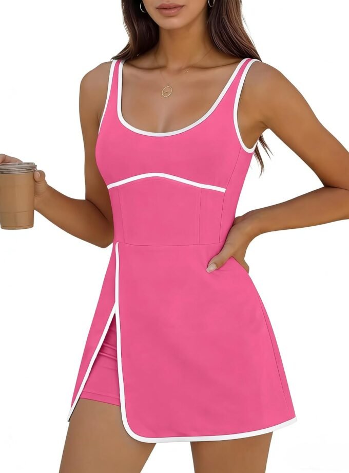 Women Athletic Tennis‑Style Mini Dress, Sleeveless Cutout Design With Integrated Shorts For Workout Activities