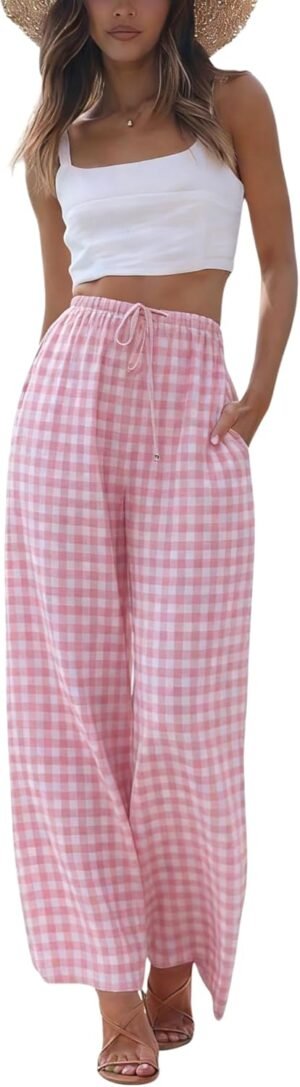 Women Summer Striped Gingham Palazzo‑Cut Trousers, High‑Waist Wide‑Leg Lounge Pants Built With Side Pockets