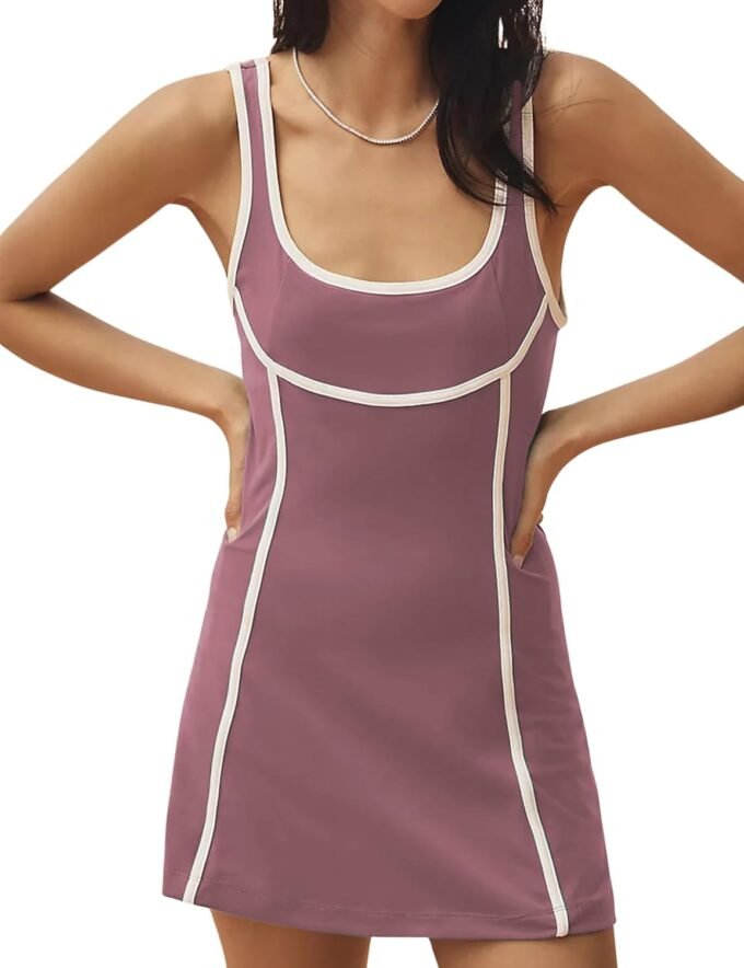Women Sleeveless Athletic Tennis Mini Dress, Scoop‑Neck Summer Workout Outfit Fitted With Built‑In Shorts