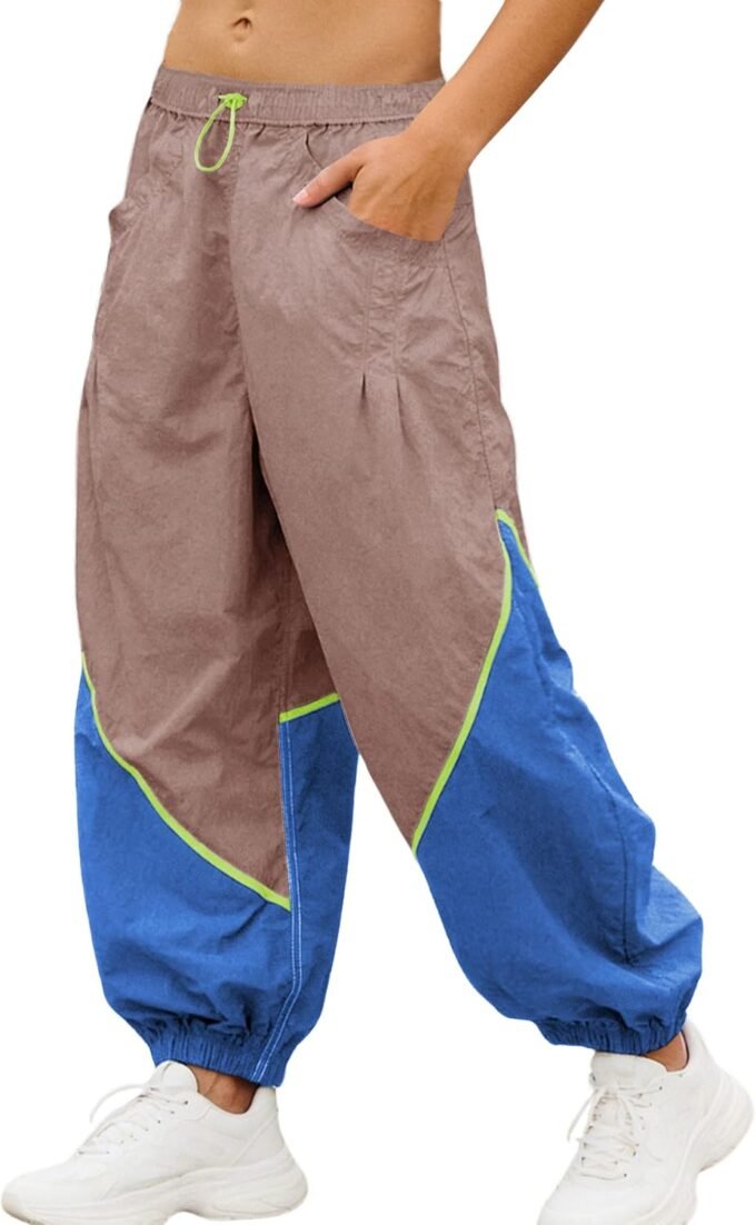 Women Baggy Wide‑Leg Casual Pants, Elastic‑Waist Color‑Block Parachute‑Style Workout Trousers With Pockets