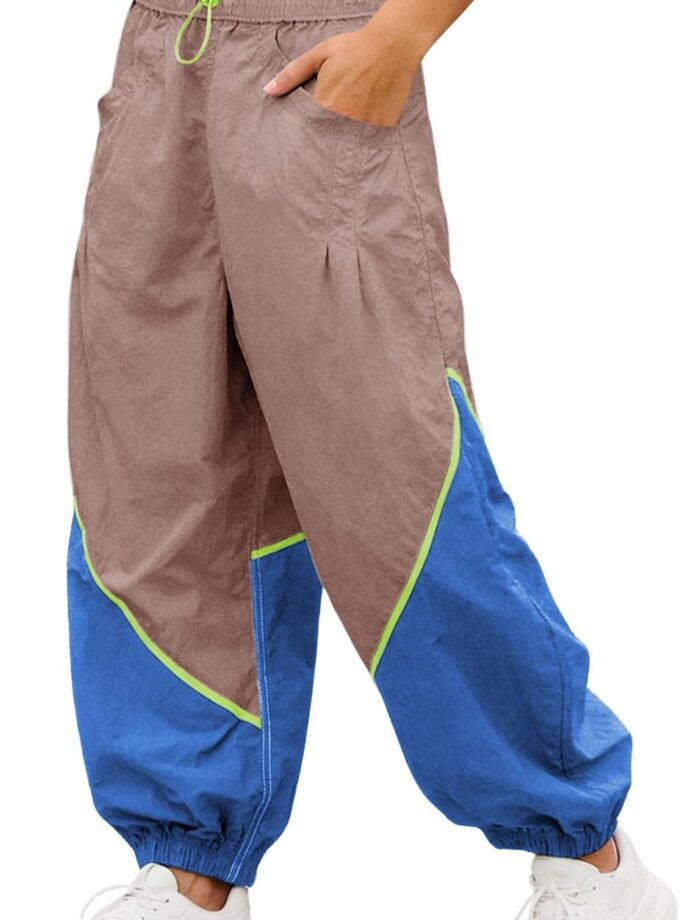 Women Baggy Wide‑Leg Casual Pants, Elastic‑Waist Color‑Block Parachute‑Style Workout Trousers With Pockets