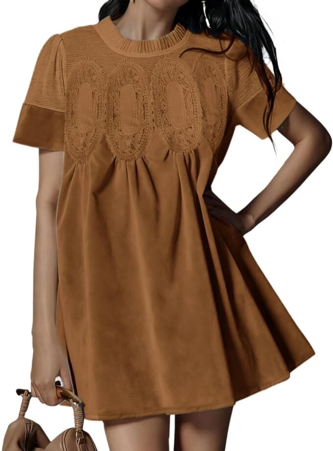 Women Faux‑Suede Lace‑Patchwork Short‑Sleeve Mini Dress, Crew‑Neck A‑Line Babydoll Outfit With Usable Pockets