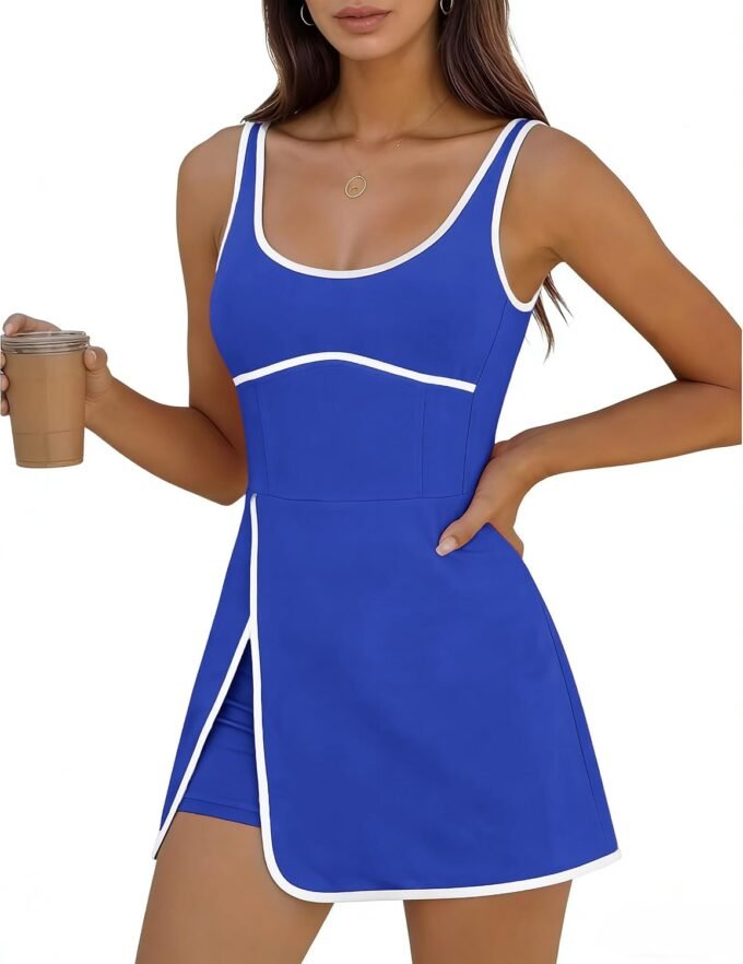 Women Athletic Workout Mini Dress, Sleeveless Cutout Version Complete With Integrated Shorts