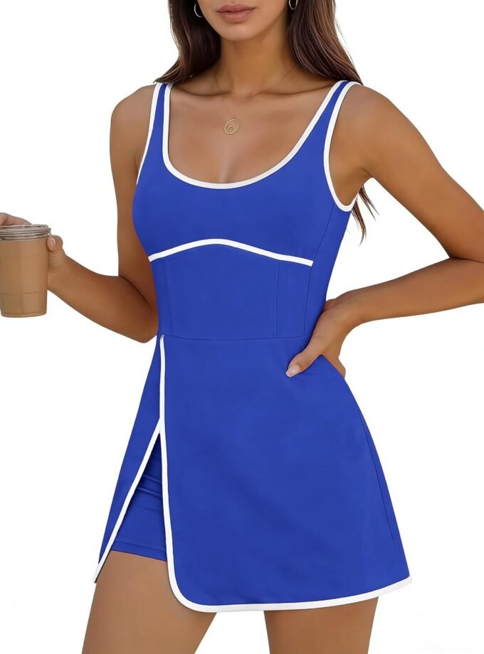 Women Athletic Workout Mini Dress, Sleeveless Cutout Version Complete With Integrated Shorts