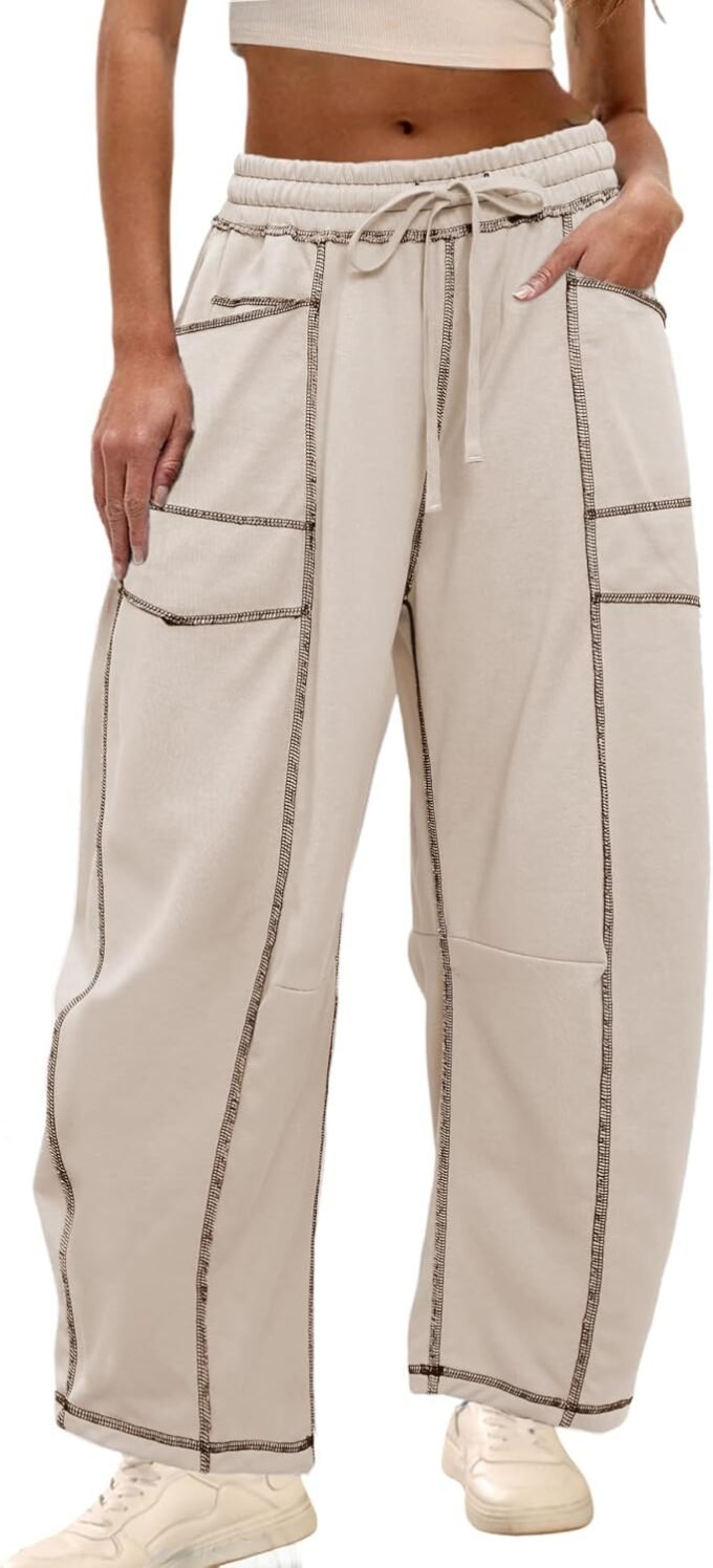 Women Baggy Barrel‑Style Sweatpants, Loose Wide‑Leg Loungewear Joggers Comes With Drawstring & Functional Pockets