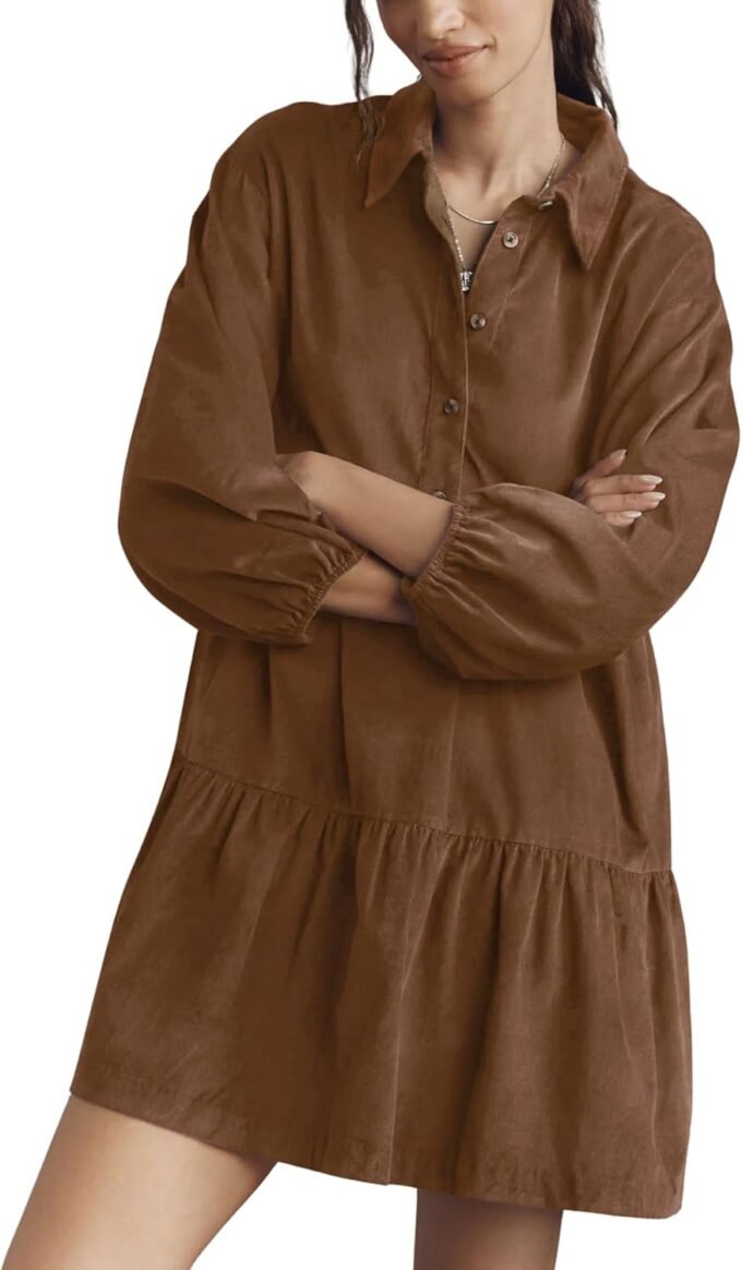 Women Corduroy Long‑Sleeve Shirt Mini Dress, Button‑Down A‑Line Autumn Dress Featuring Side Pockets