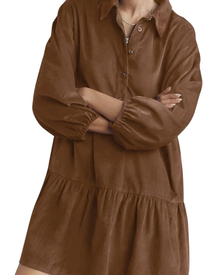 Women Corduroy Long‑Sleeve Shirt Mini Dress, Button‑Down A‑Line Autumn Dress Featuring Side Pockets