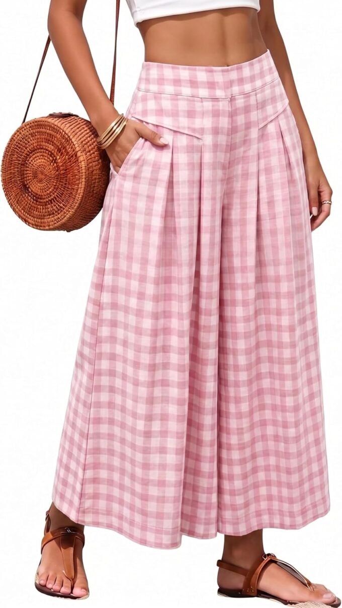 Women Summer Gingham Plaid Culotte Capri Pants, Elastic Waist Wide‑Leg Cropped Palazzo Trousers With Pockets