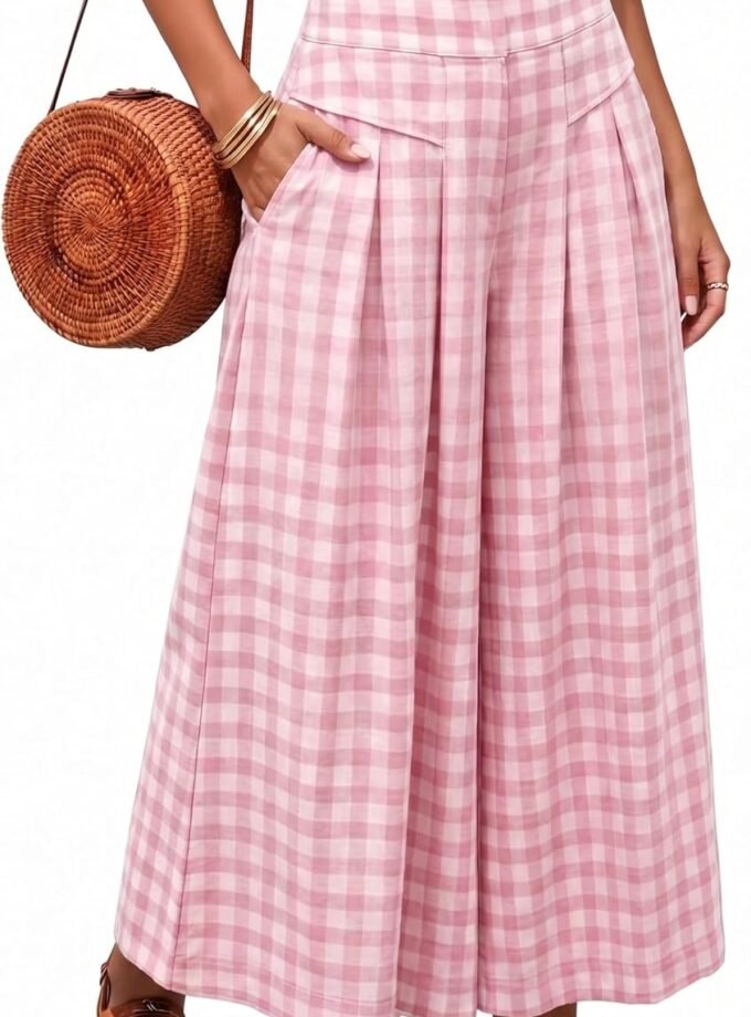 Women Summer Gingham Plaid Culotte Capri Pants, Elastic Waist Wide‑Leg Cropped Palazzo Trousers With Pockets