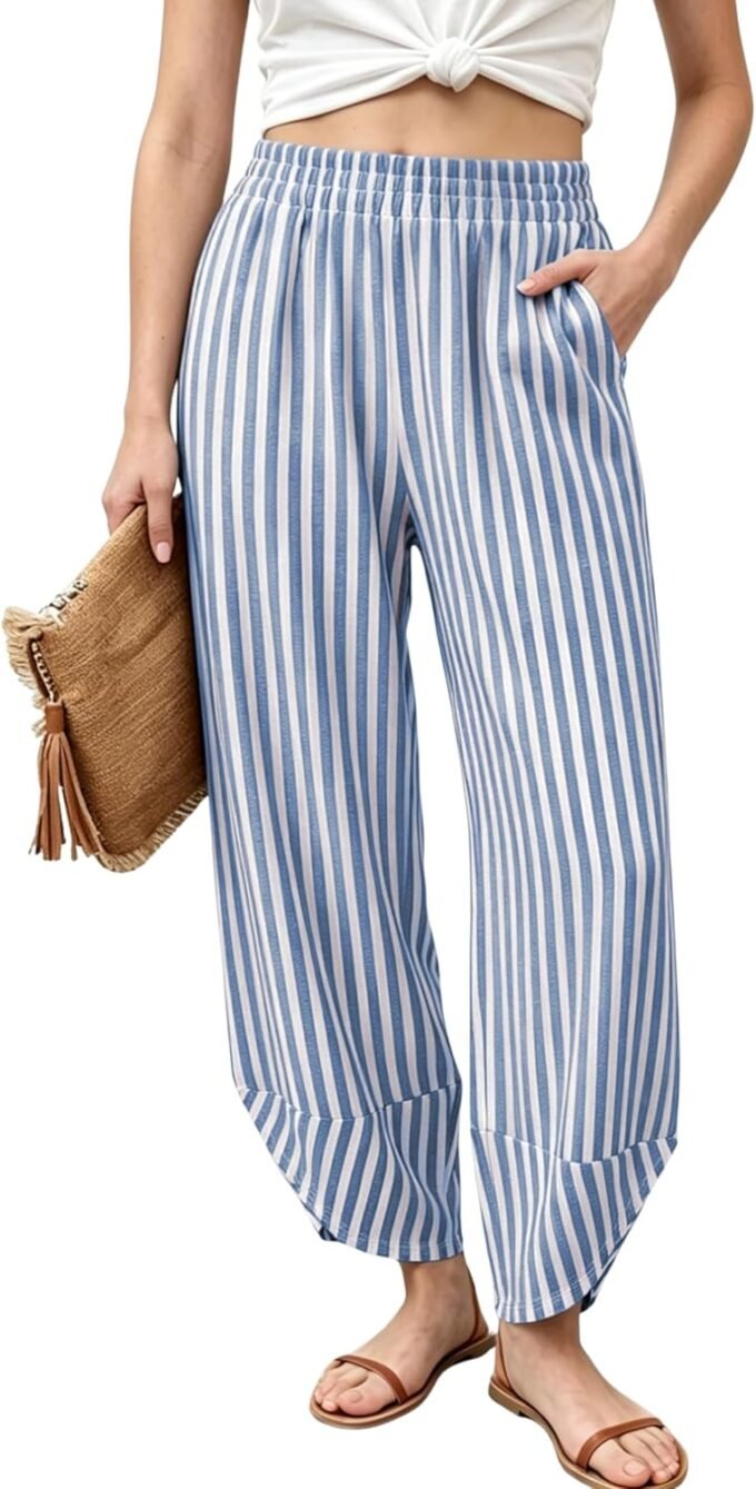 Women Summer Striped Wide‑Leg Pants, Elastic‑Waist Baggy Casual Lounge Trousers Designed With Side Pockets