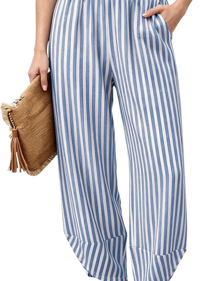 Women Summer Striped Wide‑Leg Pants, Elastic‑Waist Baggy Casual Lounge Trousers Designed With Side Pockets