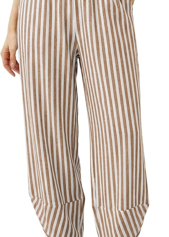 Women Striped Wide‑Leg Palazzo Bottoms, Elastic‑Waist Baggy Casual Lounge Trousers With Practical Side Pockets