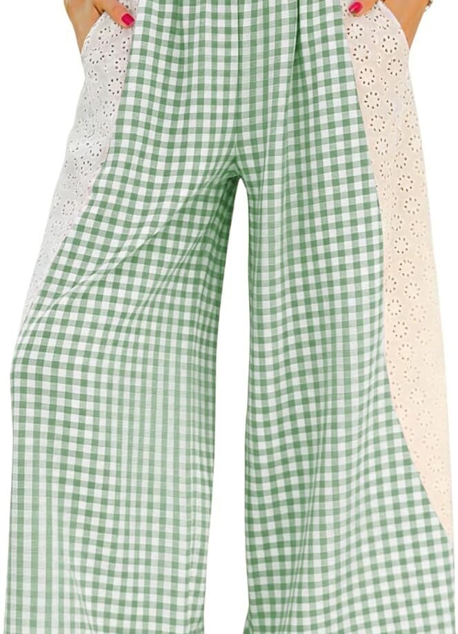 Women Summer Striped Gingham Wide‑Leg Lounge Trousers, Elastic‑Waist Beach Palazzo Bottoms Built With Pockets