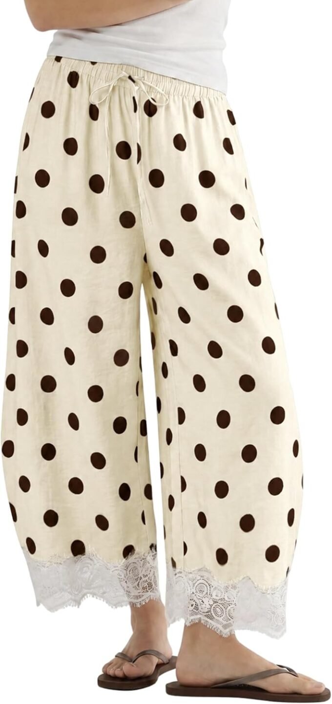 Women Polka‑Dot Wide‑Leg Palazzo‑Cut Trousers, High‑Waist Summer Cropped Baggy Pants Featuring Lace Trim And Side Pockets