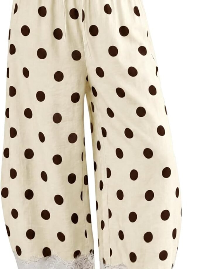 Women Polka‑Dot Wide‑Leg Palazzo Pants, High‑Waist Summer Cropped Baggy Trousers Accented By Lace Trim And Pockets