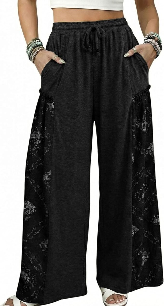 Women High‑Waist Wide‑Leg Palazzo Trousers, Printed Baggy Casual Bottoms With Practical Side Pockets
