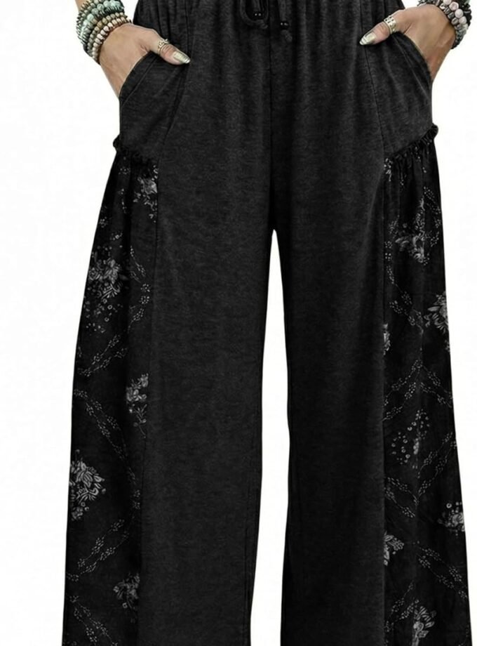 Women High‑Waist Wide‑Leg Palazzo Trousers, Printed Baggy Casual Bottoms With Practical Side Pockets