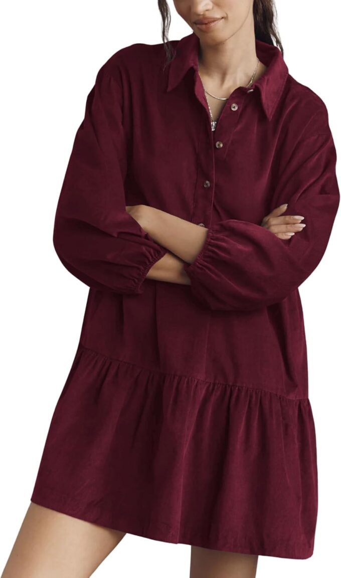 Women Long‑Sleeve Corduroy Shirt‑Style Mini Dress, Button‑Front A‑Line Fall Outfit With Built‑In Pockets