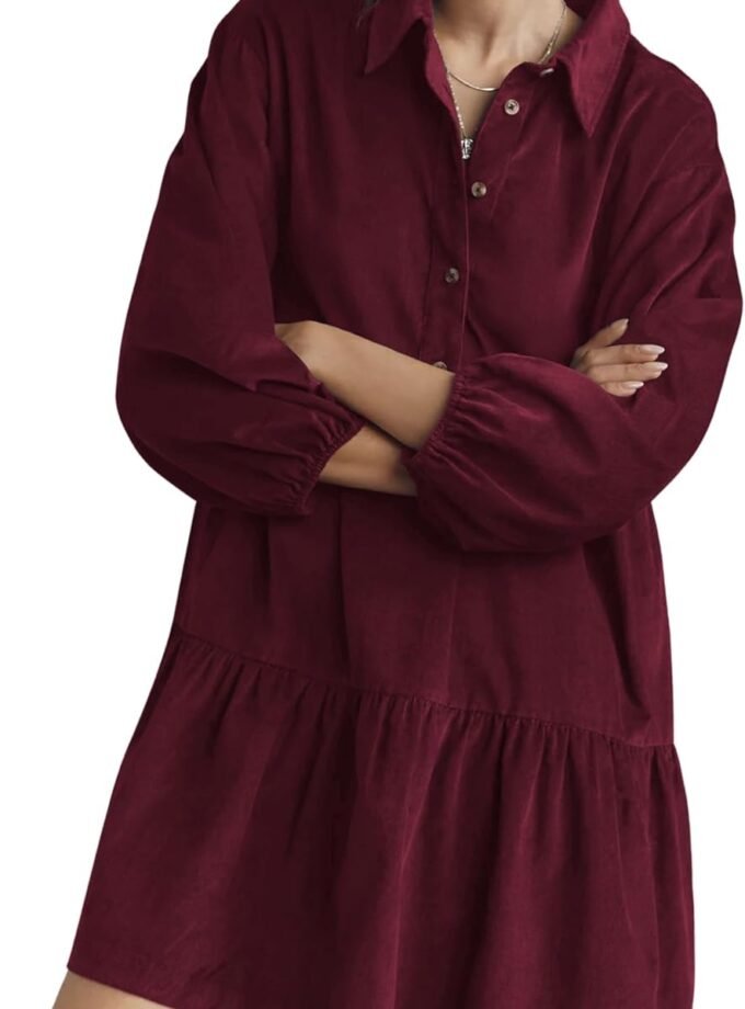 Women Long‑Sleeve Corduroy Shirt‑Style Mini Dress, Button‑Front A‑Line Fall Outfit With Built‑In Pockets