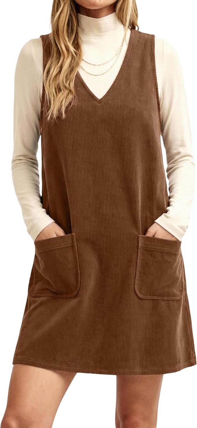 Women V‑Neck Corduroy Jumper Mini Dress, A‑Line Pinafore‑Inspired Bottom Garment With Side Pockets