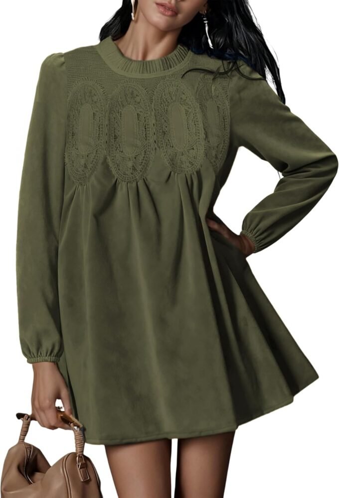 Women 2026 Fall Long‑Sleeve Babydoll‑Cut Swing Dress, Faux‑Suede Fabric With Lace Patchwork Accent And Side Pockets