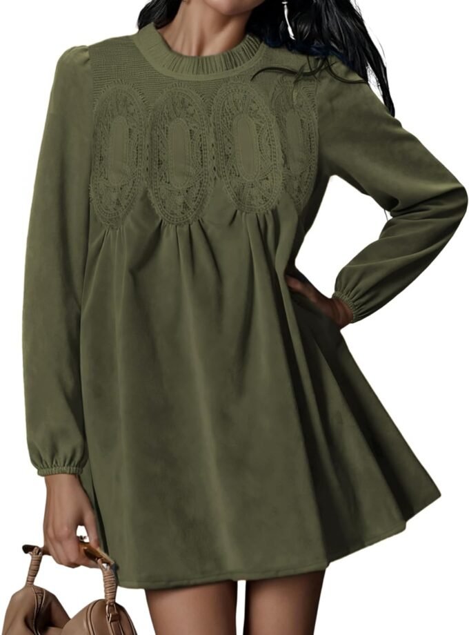 Women 2026 Fall Long‑Sleeve Babydoll‑Cut Swing Dress, Faux‑Suede Fabric With Lace Patchwork Accent And Side Pockets
