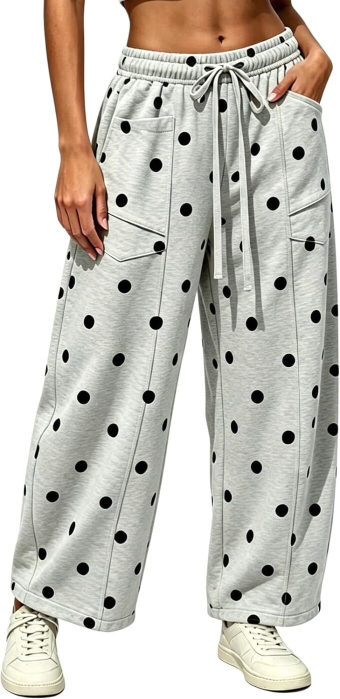 Women Barrel‑Cut Wide‑Leg Sweatpants, High‑Waist Polka‑Dot Loungewear Bottoms; Soft Cotton Fabric, Drawstring Closure, Side Pockets, For Home Relaxing And Daily Casual Occasions