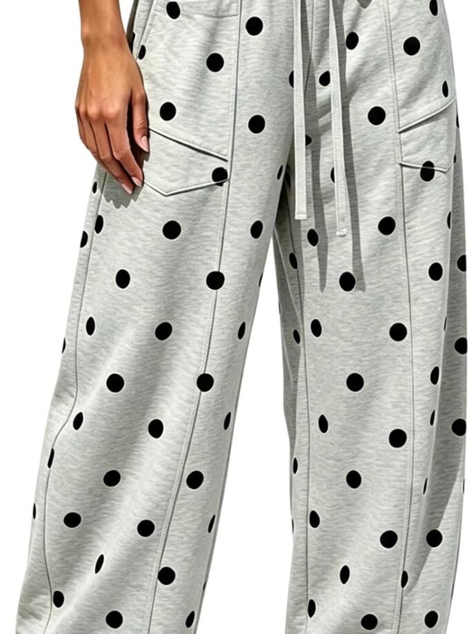 Women Barrel‑Cut Wide‑Leg Sweatpants, High‑Waist Polka‑Dot Loungewear Bottoms; Soft Cotton Fabric, Drawstring Closure, Side Pockets, For Home Relaxing And Daily Casual Occasions