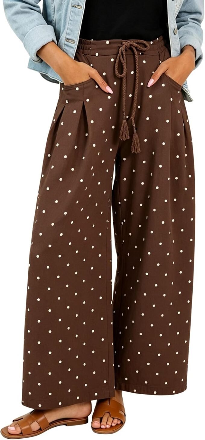 Women Polka‑Dot Wide‑Leg Casual Trousers, Elastic Drawstring Waist Bottoms; Light‑Weight Material With Side Pockets For Everyday Casual Dressing