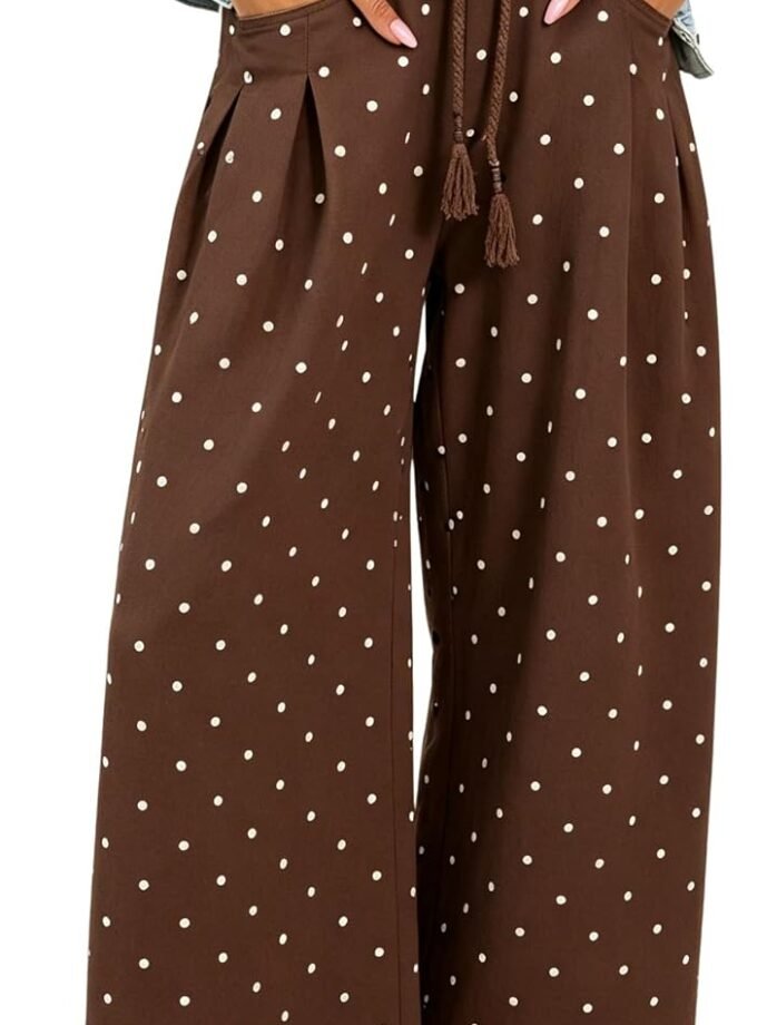 Women Polka‑Dot Wide‑Leg Casual Trousers, Elastic Drawstring Waist Bottoms; Light‑Weight Material With Side Pockets For Everyday Casual Dressing