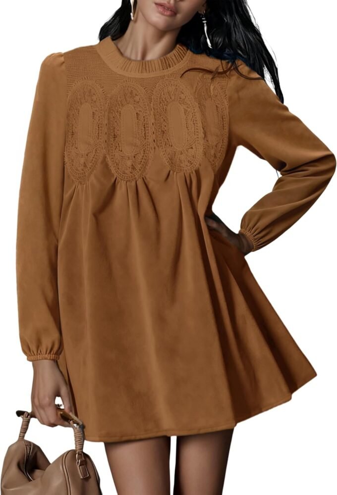 Women 2026 Fall Long‑Sleeve A‑Line Swing Dress, Babydoll Silhouette With Faux‑Suede And Lace Patchwork Details And Side Pockets