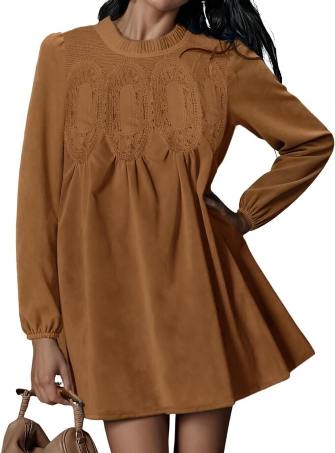 Women 2026 Autumn A‑Line Swing Mini Dress, Long‑Sleeve Faux‑Suede Lace‑Patchwork Babydoll‑Style Garment With Side Pockets