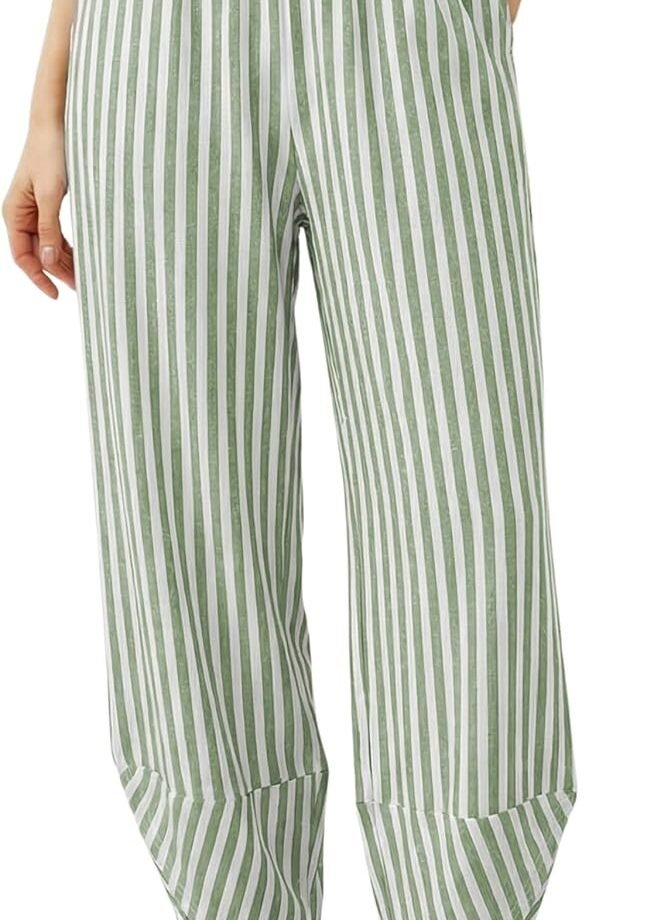 Women Striped Wide‑Leg Palazzo Bottoms, Summer Elastic‑Waist Baggy Casual Lounge Trousers With Handy Pockets