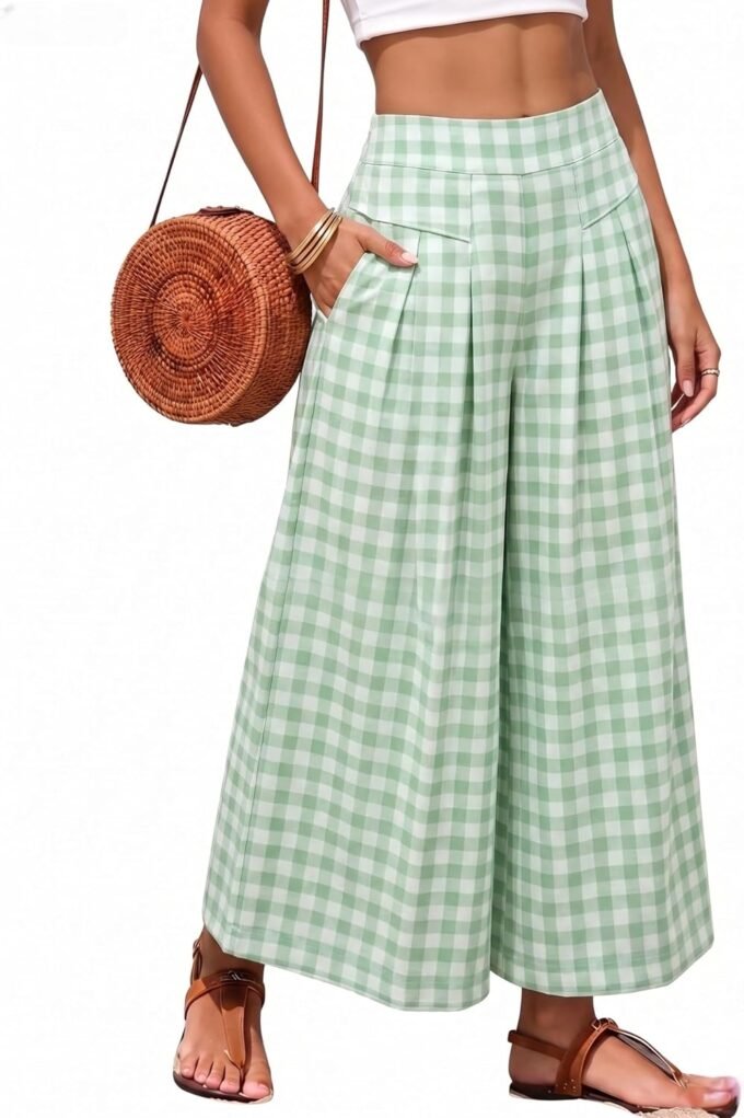 Women Summer Gingham Plaid Capri Culottes, Elastic Waist Wide‑Leg Cropped Palazzo‑Style Pants With Pockets