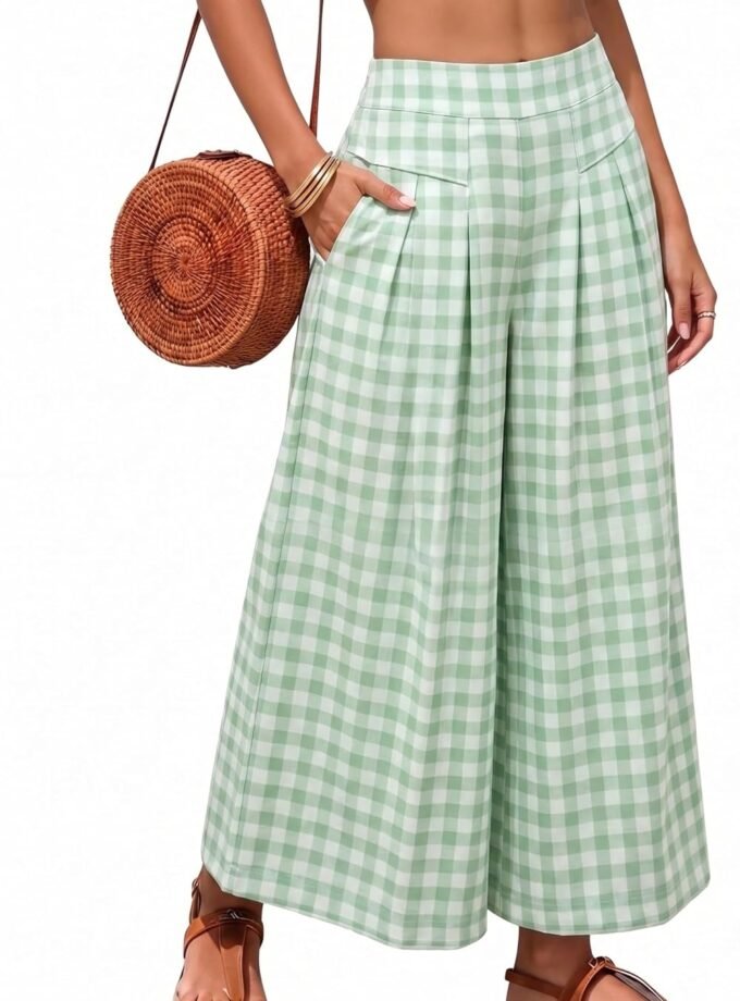 Women Summer Gingham Plaid Capri Culottes, Elastic Waist Wide‑Leg Cropped Palazzo‑Style Pants With Pockets