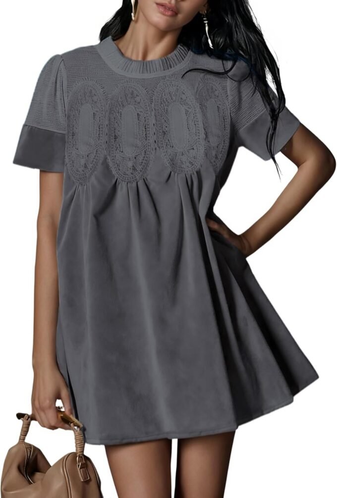 Women Faux‑Suede A‑Line Babydoll Mini Dress, Short‑Sleeve Crew‑Neck Garment Highlighted By Lace Patchwork And Side Pockets
