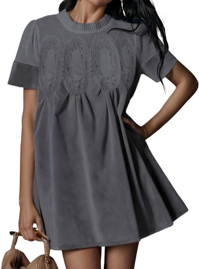 Women Faux‑Suede A‑Line Babydoll Mini Dress, Short‑Sleeve Crew‑Neck Garment Highlighted By Lace Patchwork And Side Pockets